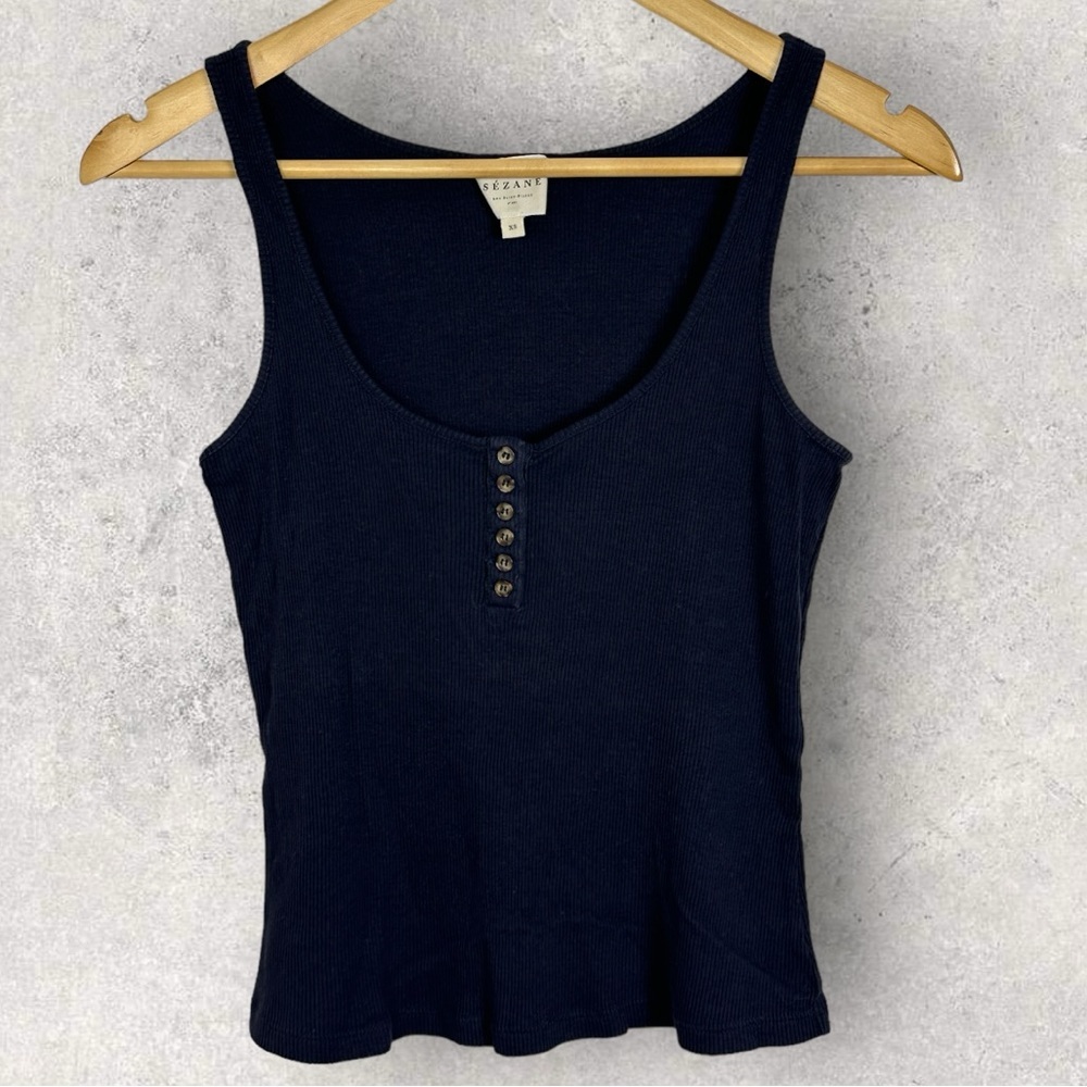 Sezane Navy Blue Kira Ribbed Tank Top Organic Cotton Lyocell Size XS Minimalist - Picture 10 of 12